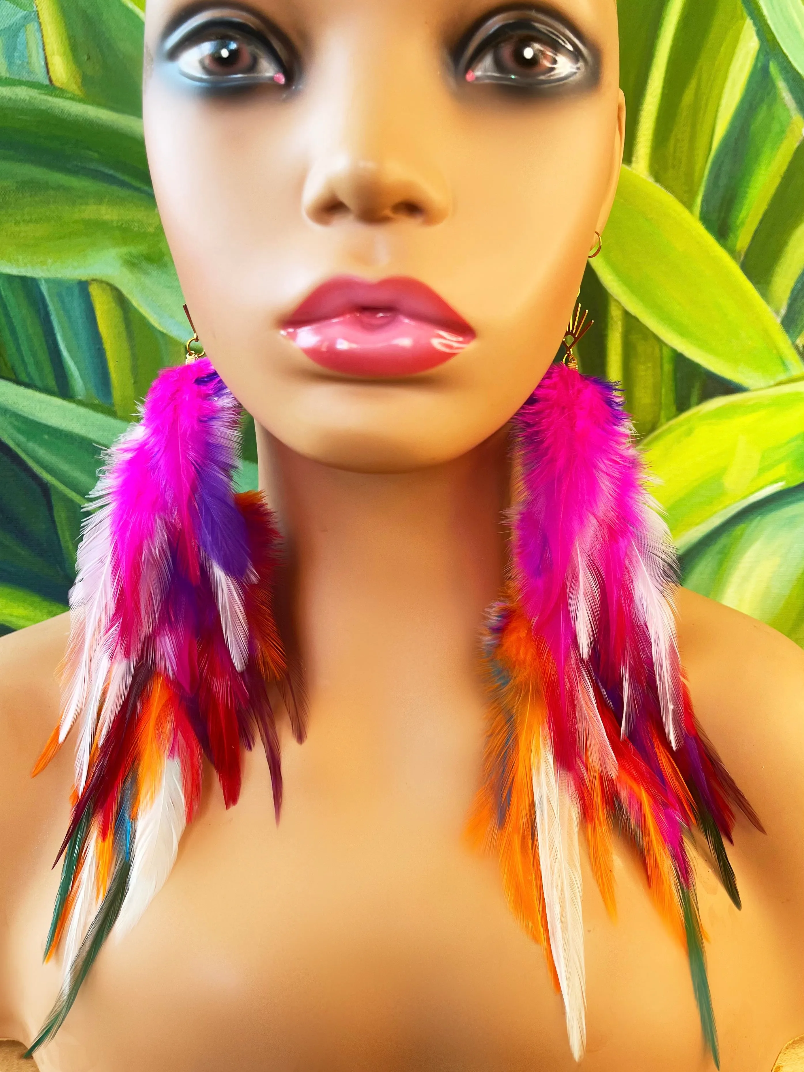 One of A Kind Long Bohemian Feather Earrings - Neon Carnival