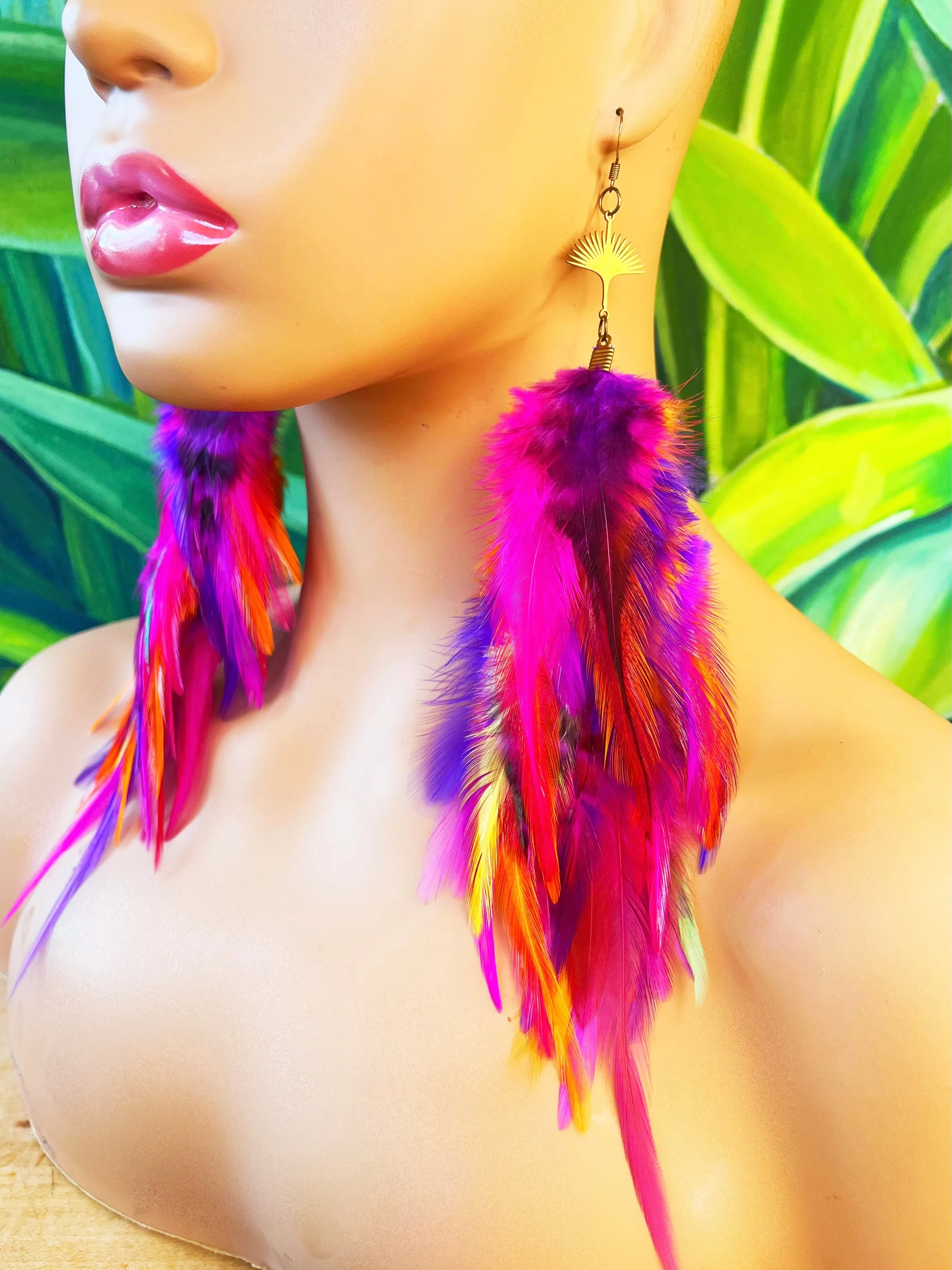 One of a Kind Long Bohemian Feather Earrings - Tropical Rave