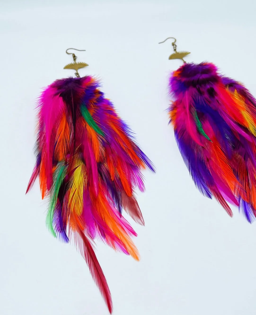 One of a Kind Long Bohemian Feather Earrings - Tropical Rave