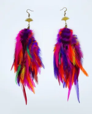 One of a Kind Long Bohemian Feather Earrings - Tropical Rave