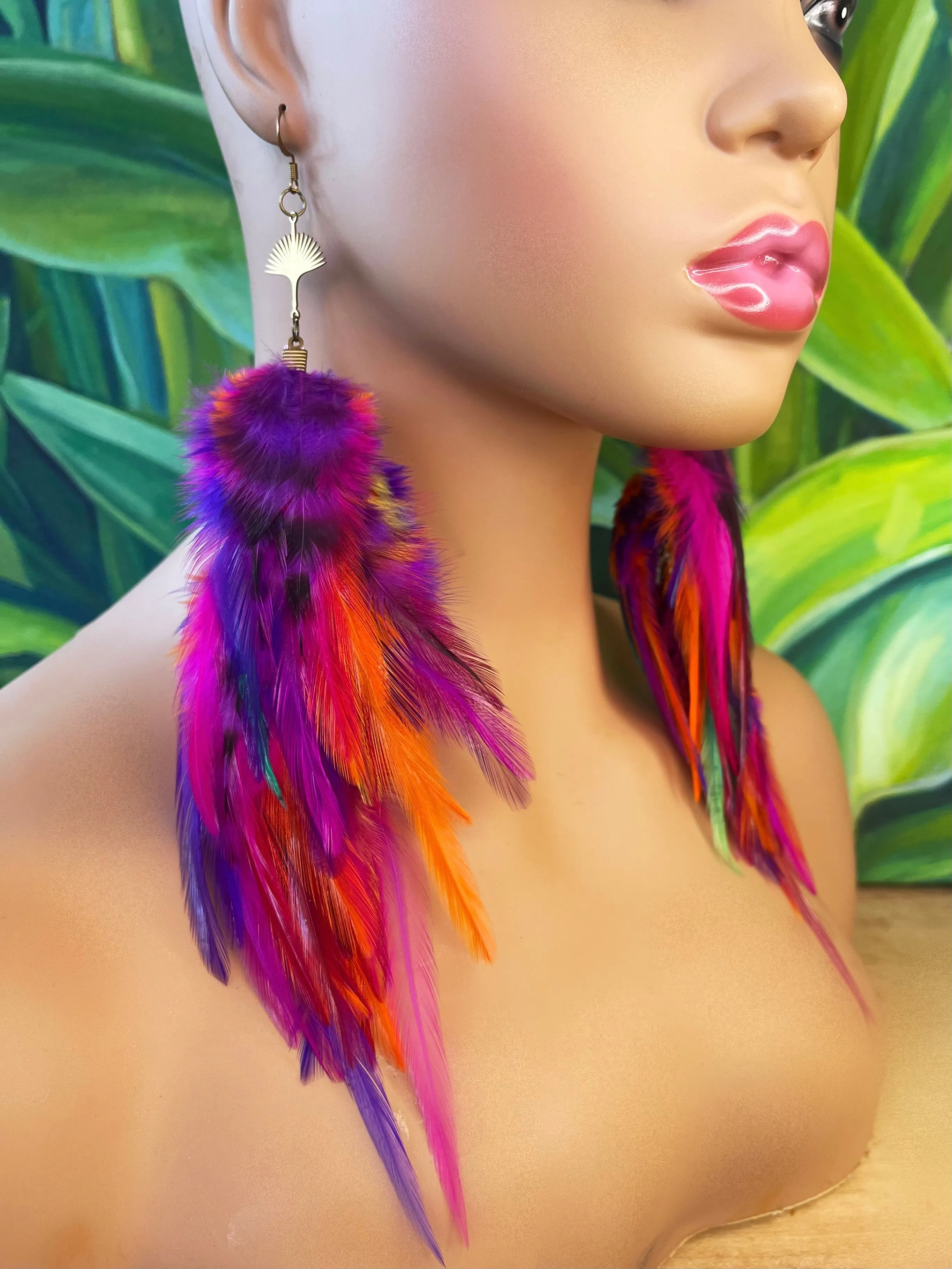 One of a Kind Long Bohemian Feather Earrings - Tropical Rave