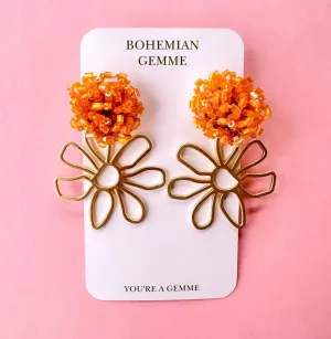 Orange Beaded Cluster Flower Earrings