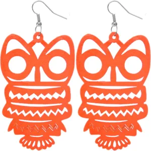 Orange Wooden Hoot Owl Earrings