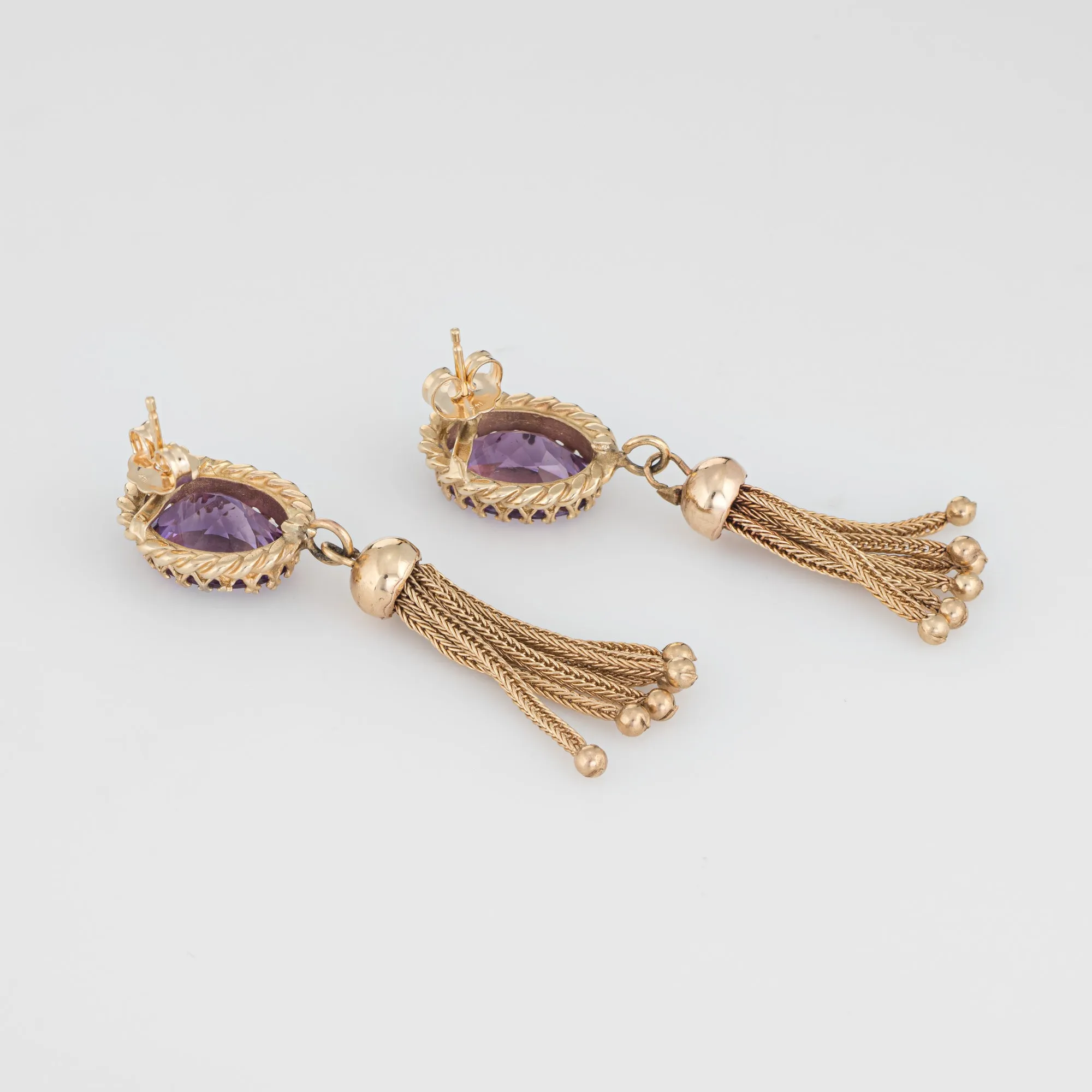 Oval Amethyst Tassel Earrings 14k Yellow Gold Fringe Drops Estate Fine Jewelry