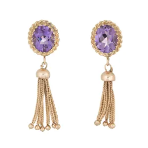 Oval Amethyst Tassel Earrings 14k Yellow Gold Fringe Drops Estate Fine Jewelry