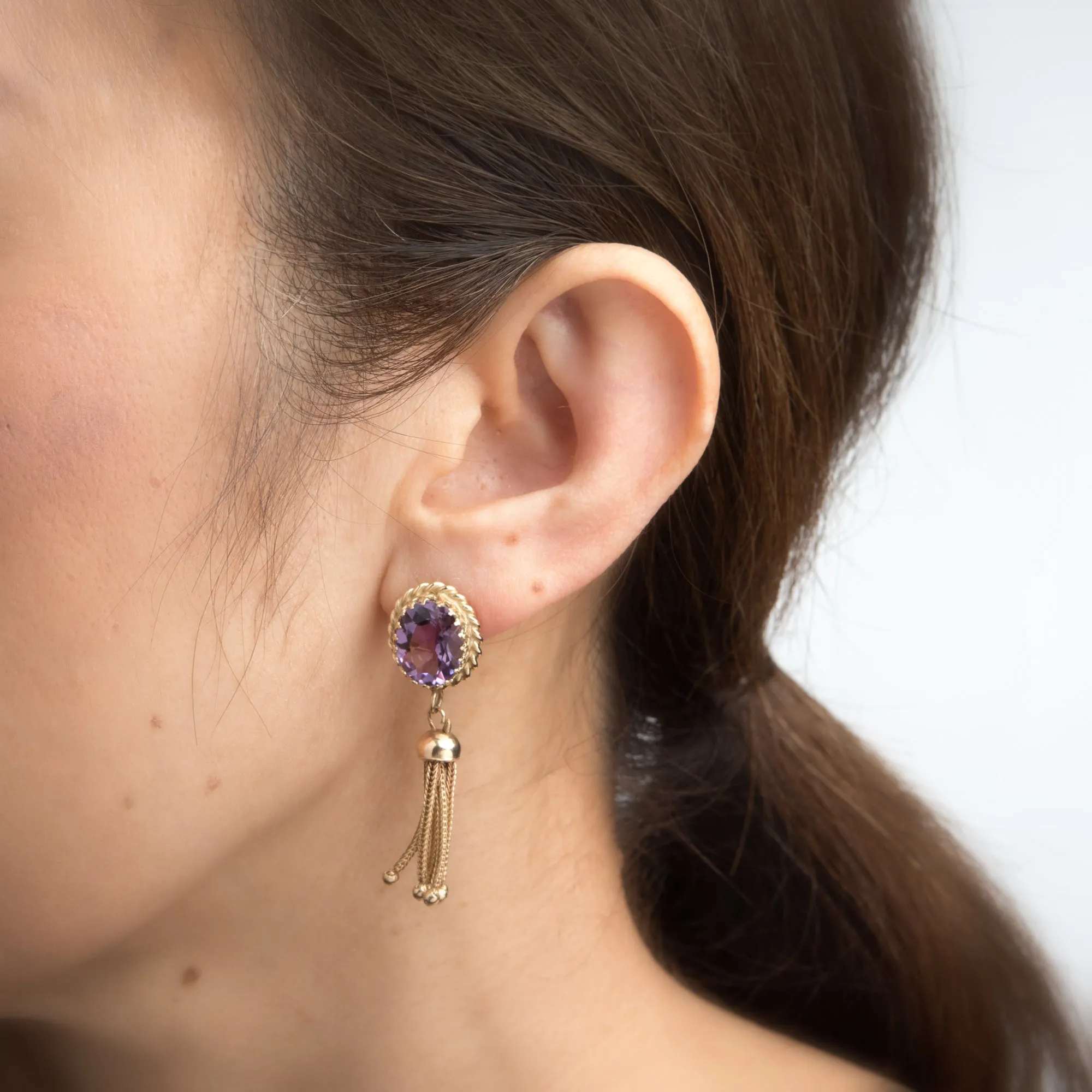Oval Amethyst Tassel Earrings 14k Yellow Gold Fringe Drops Estate Fine Jewelry
