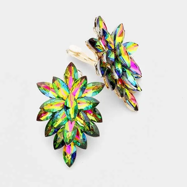 Oval Oil Spill Crystal Cluster Clip on Gold Earrings