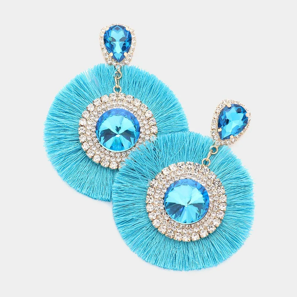Over Sized Turquoise Round Stone Tassel Fringe Pageant Earrings | Fun Fashion Earrings | 582775