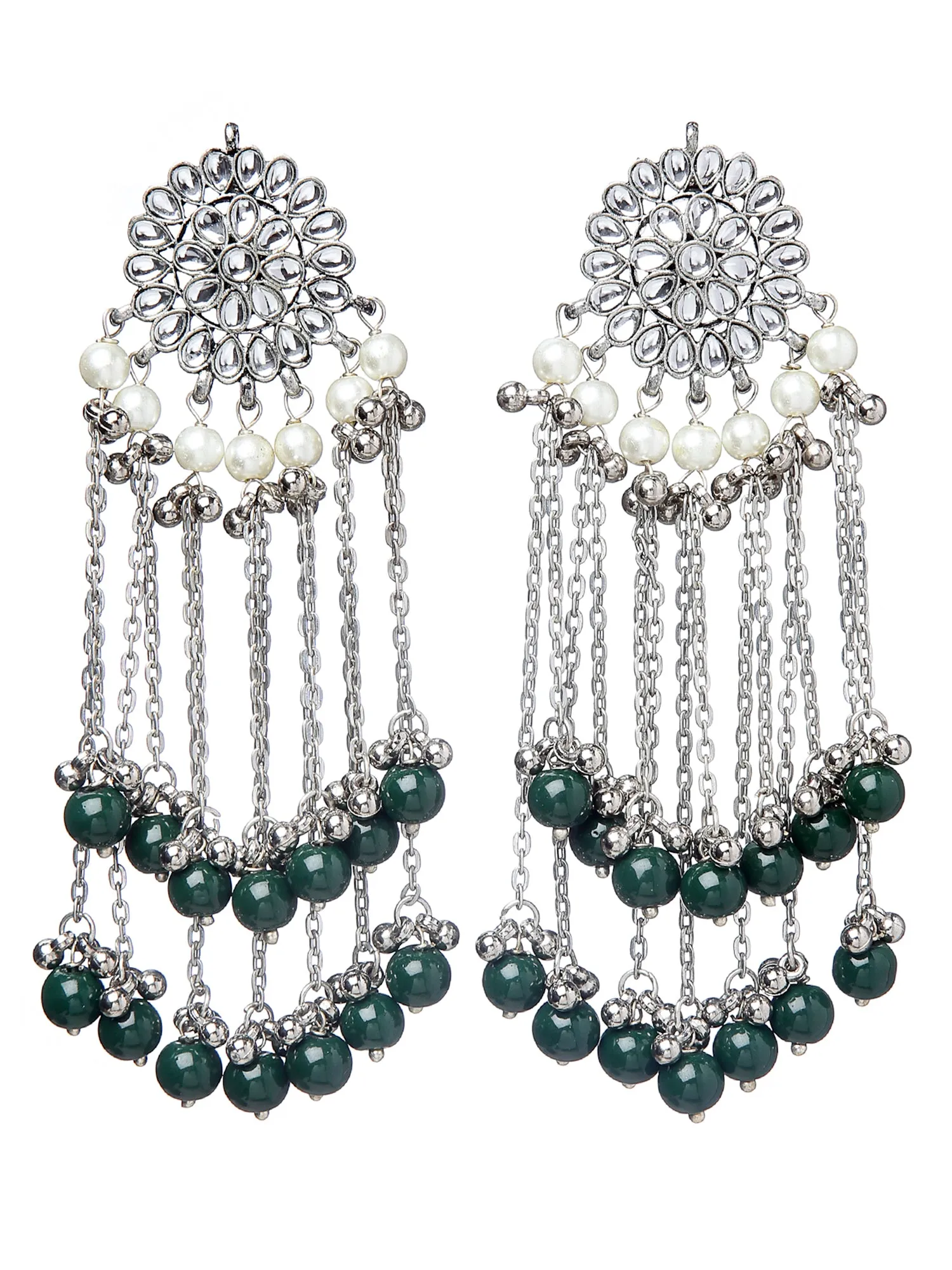 Oxidised Silver Green Beads and Kundan Tassel Earrings