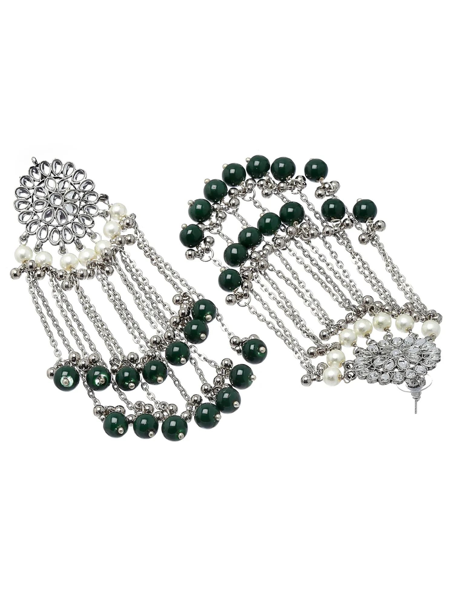 Oxidised Silver Green Beads and Kundan Tassel Earrings