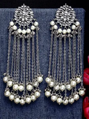 Oxidised Silver Pearl and Kundan Tassel Earrings
