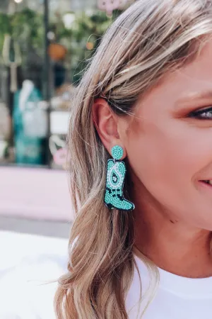 Paisley Detail Beaded Boot Earrings - Turquoise
