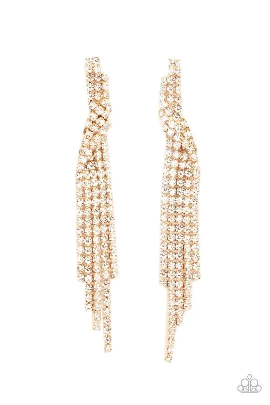 Paparazzi " Cosmic Candescence " Gold Metal White/Clear Rhinestone Tassel Earrings