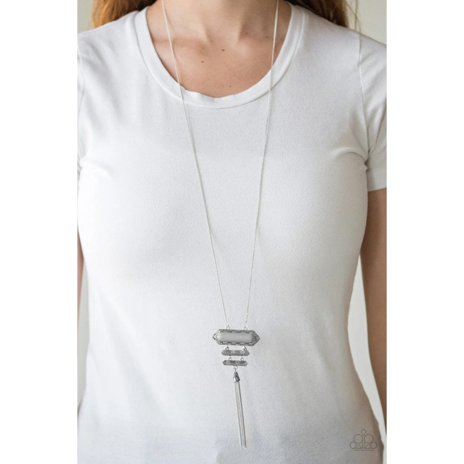 Paparazzi "Rio Rendezvous - Silver" Gray Bead Geometric Tassel Necklace & Earrings Set