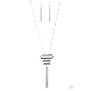 Paparazzi "Rio Rendezvous - Silver" Gray Bead Geometric Tassel Necklace & Earrings Set