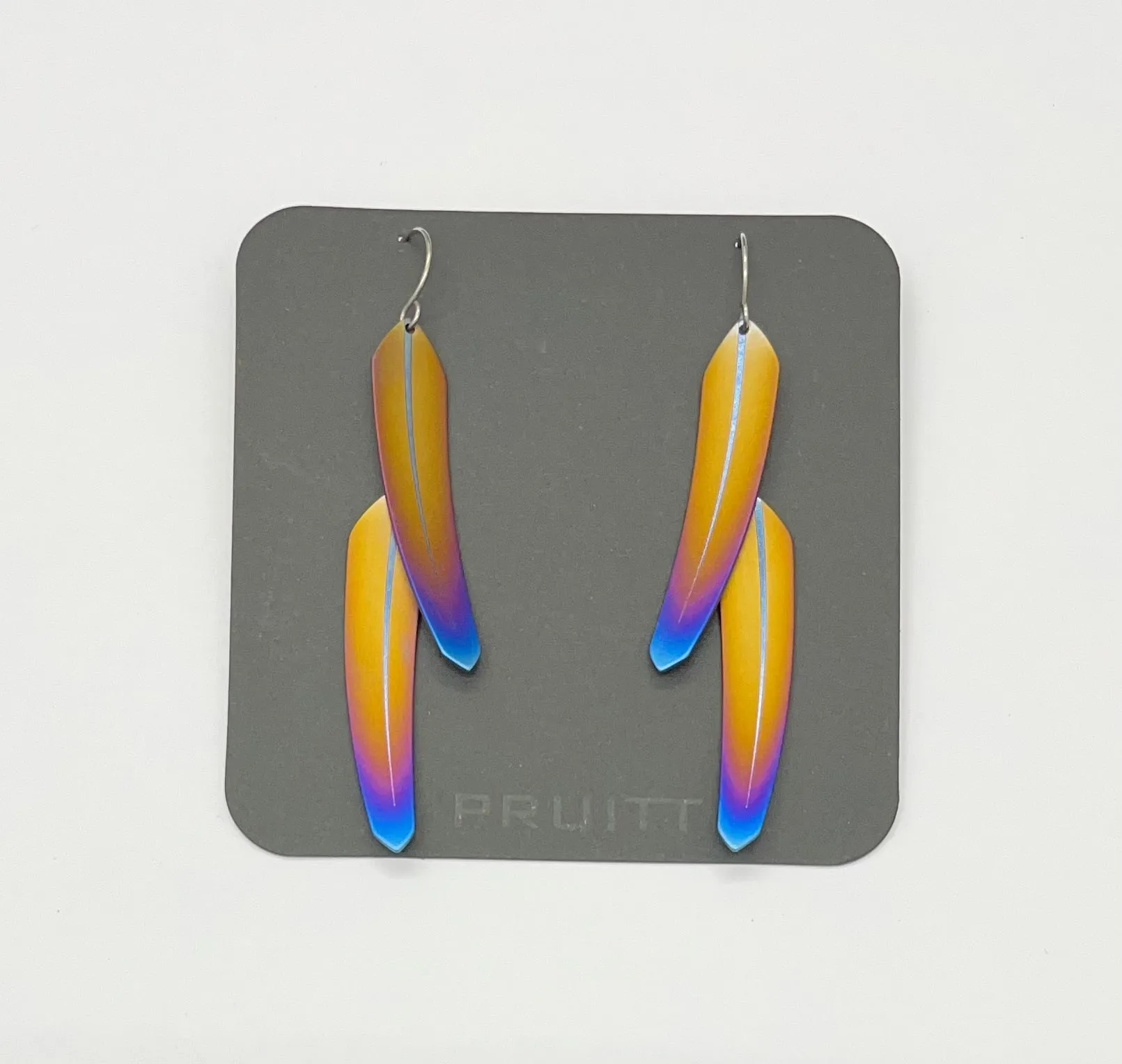 Pat Pruitt Titanium Small Double Feather Earrings Bronze with Iridescent Tips