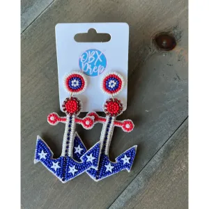 Patriotic Anchor Seed Beaded Earrings S