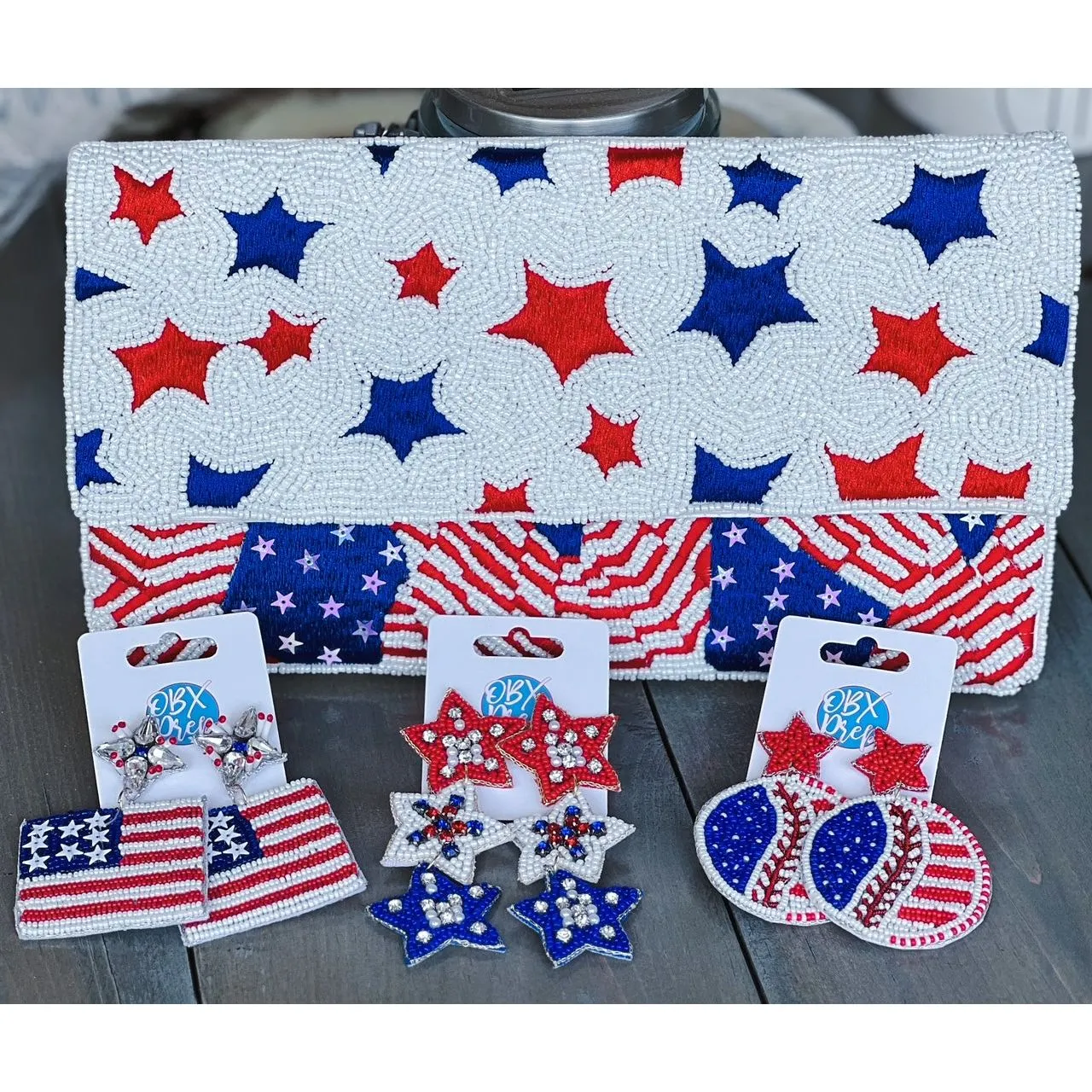 Patriotic Baseball Seed Beaded Earrings S