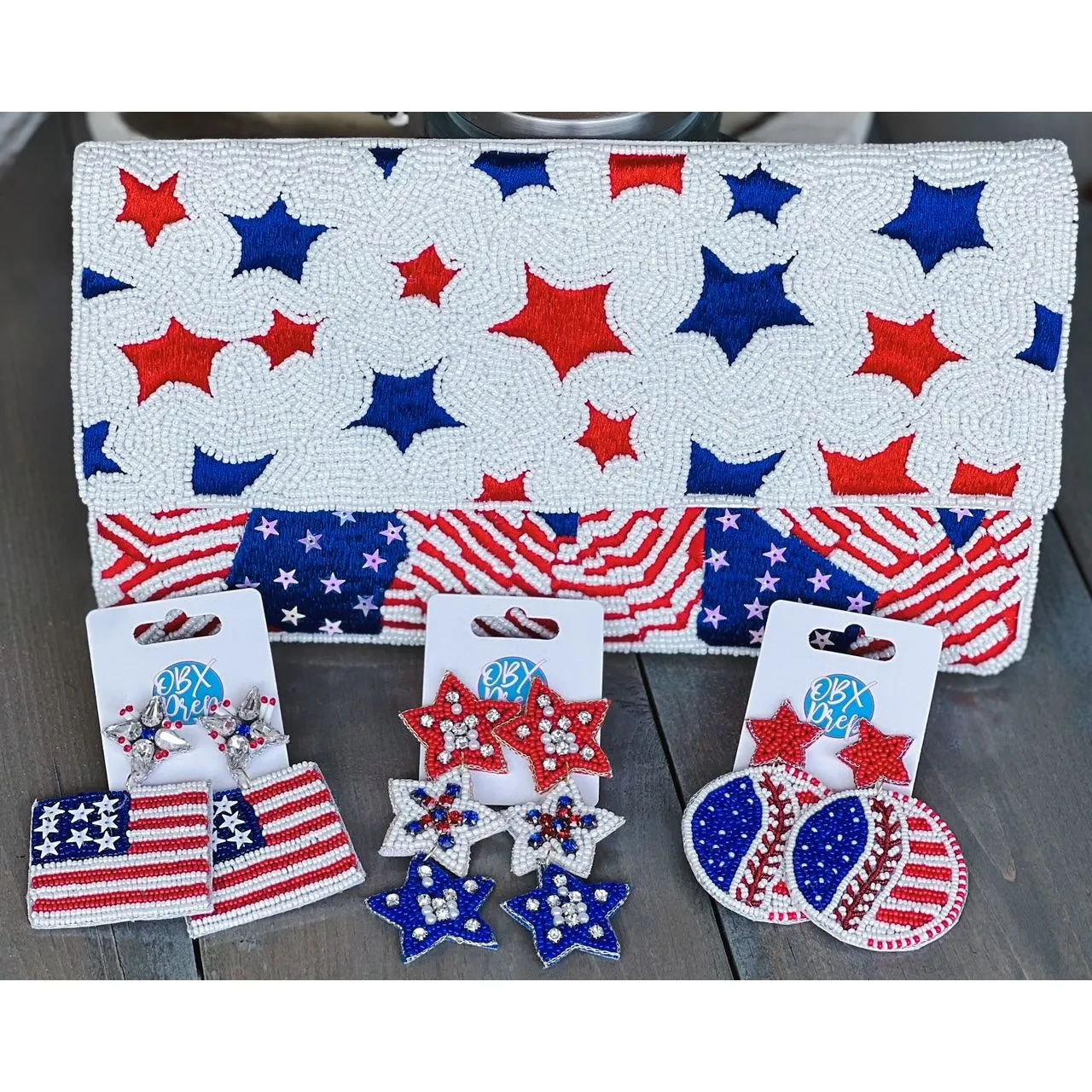 Patriotic Baseball Seed Beaded Earrings S
