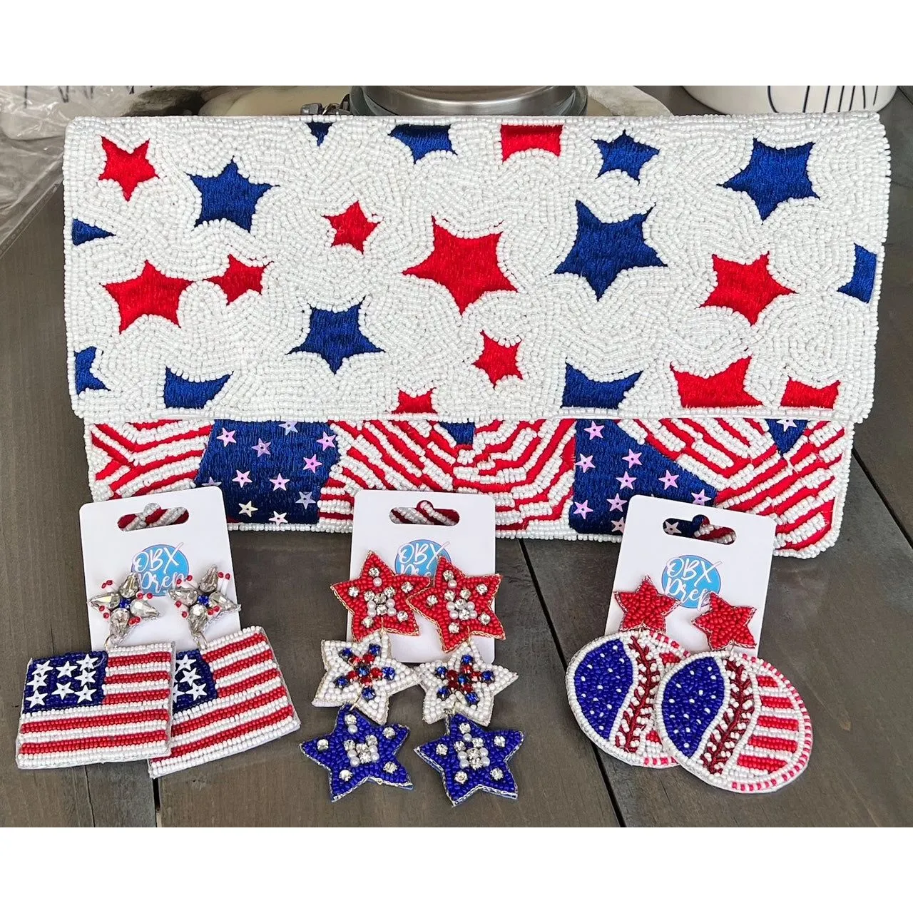 Patriotic Baseball Seed Beaded Earrings S