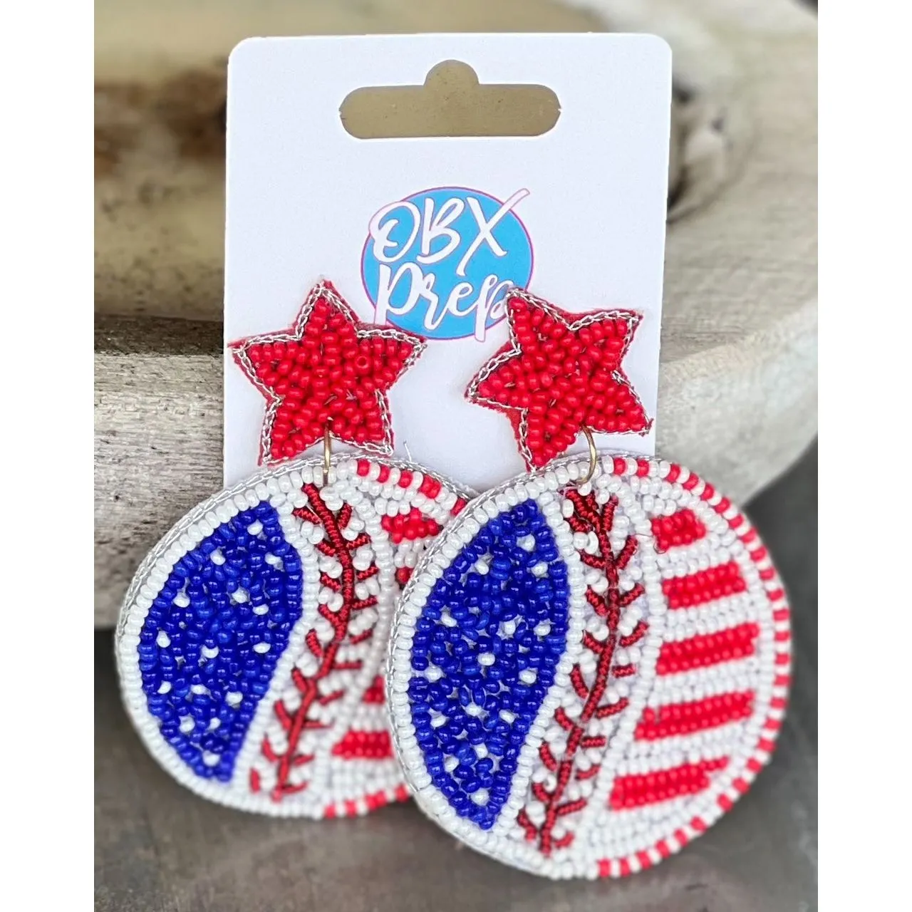 Patriotic Baseball Seed Beaded Earrings S
