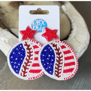 Patriotic Baseball Seed Beaded Earrings S