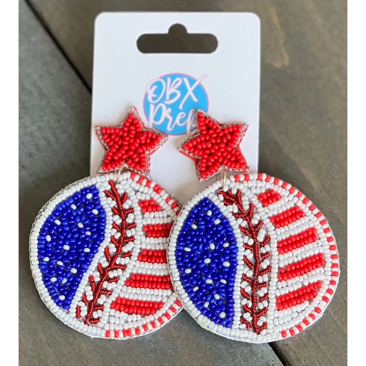 Patriotic Baseball Seed Beaded Earrings S