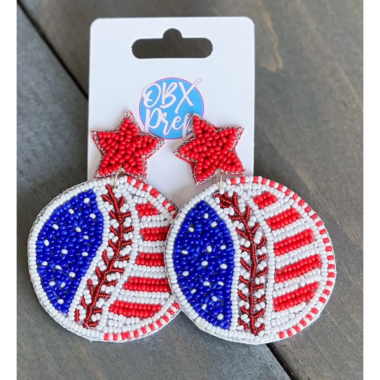 Patriotic Baseball Seed Beaded Earrings S