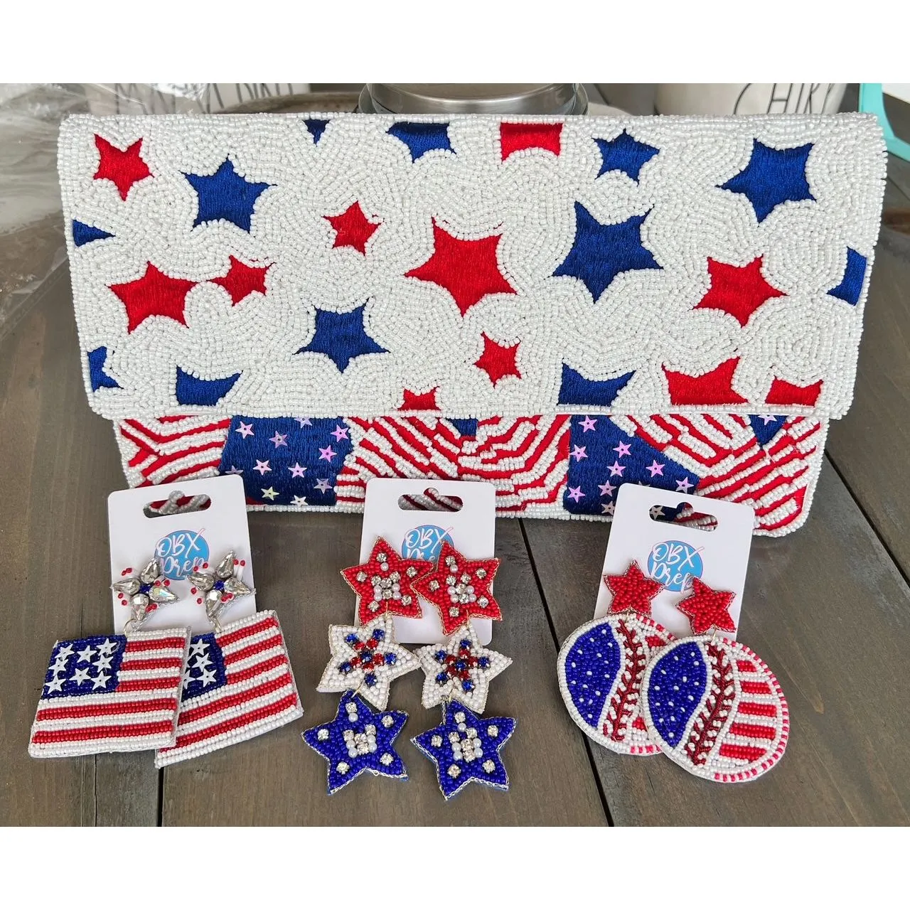 Patriotic Baseball Seed Beaded Earrings S