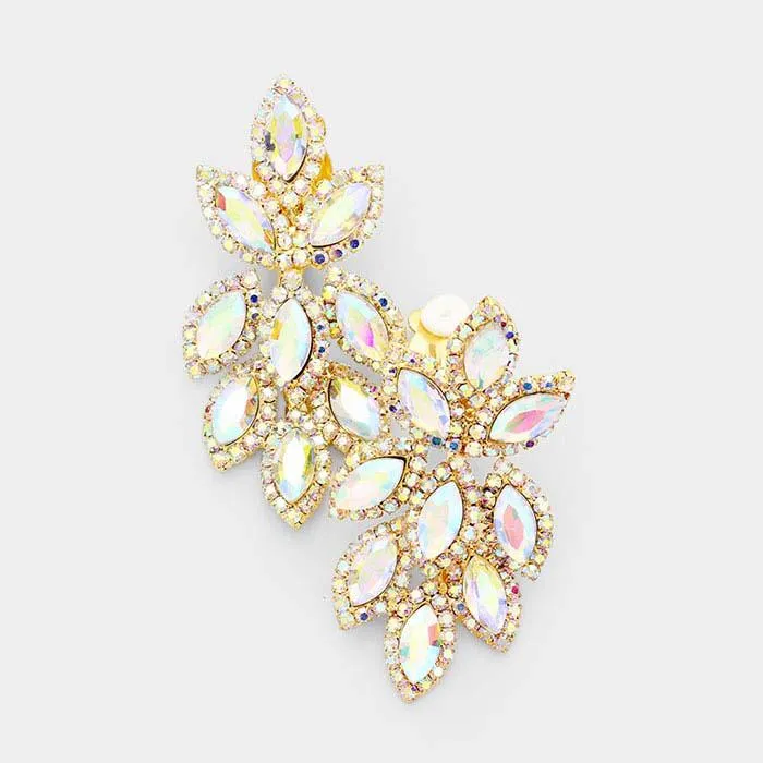 Pave Trim Abalone Crystal Oval Clustered Clip On Earrings