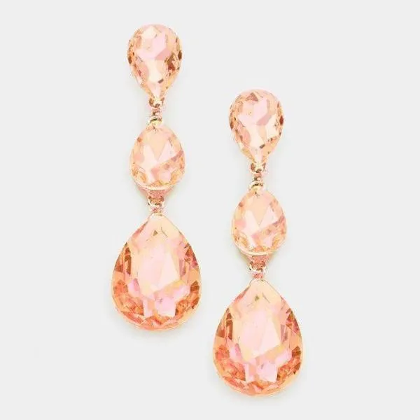Peach Crystal Triple Crystal Teardrop Evening Rose Gold Earrings