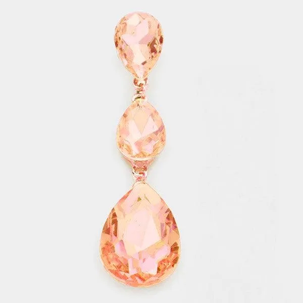 Peach Crystal Triple Crystal Teardrop Evening Rose Gold Earrings