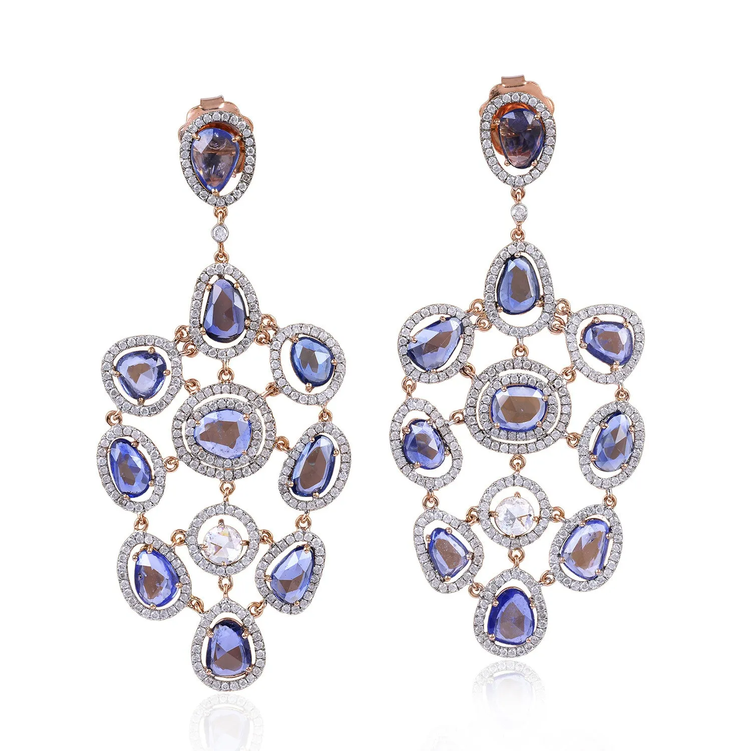 Peacock Feather Shape Blue Sapphire Chandelier Earrings Pave Diamond In 18K Rose Gold