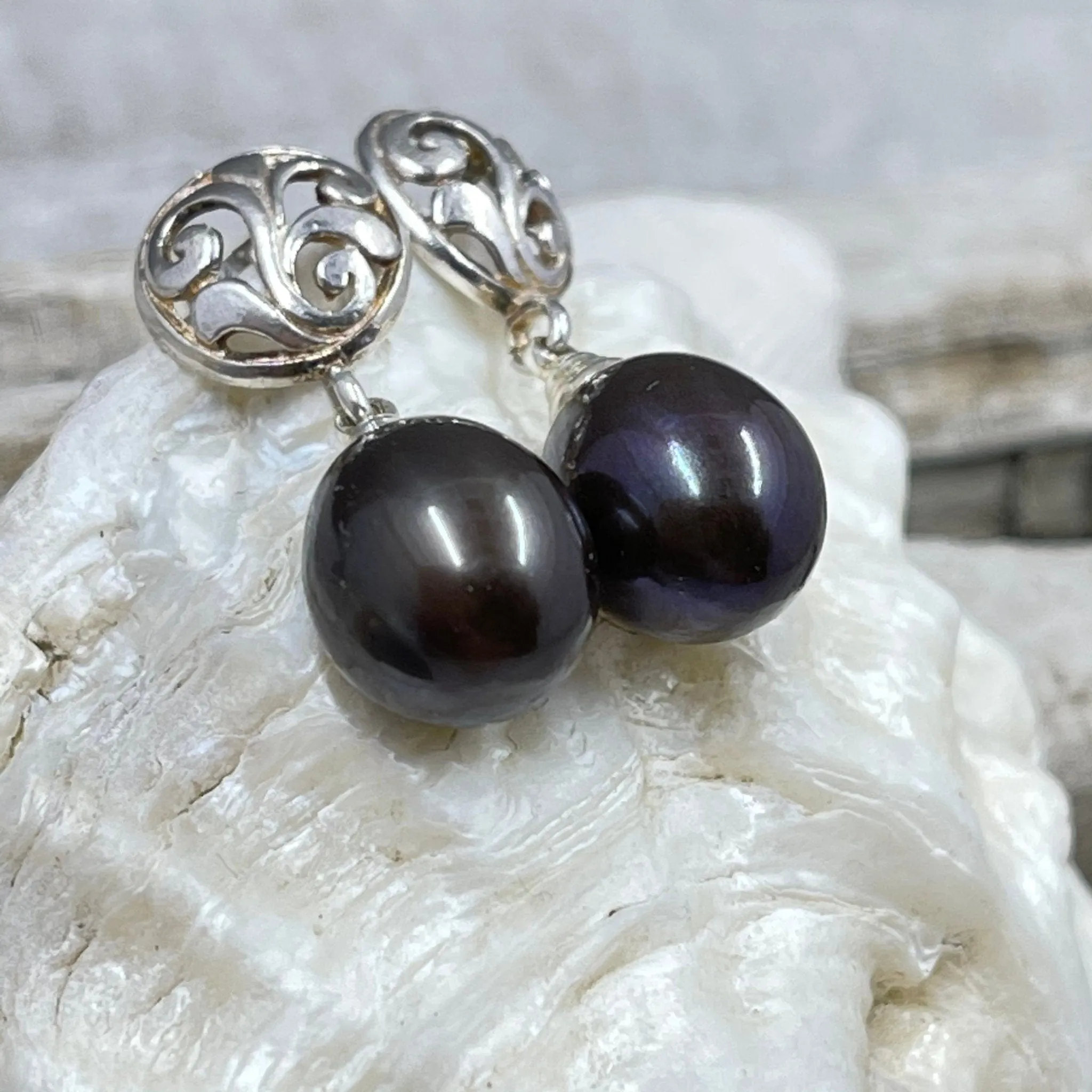 Peacock Purple Freshwater Cultured Pearl Earrings