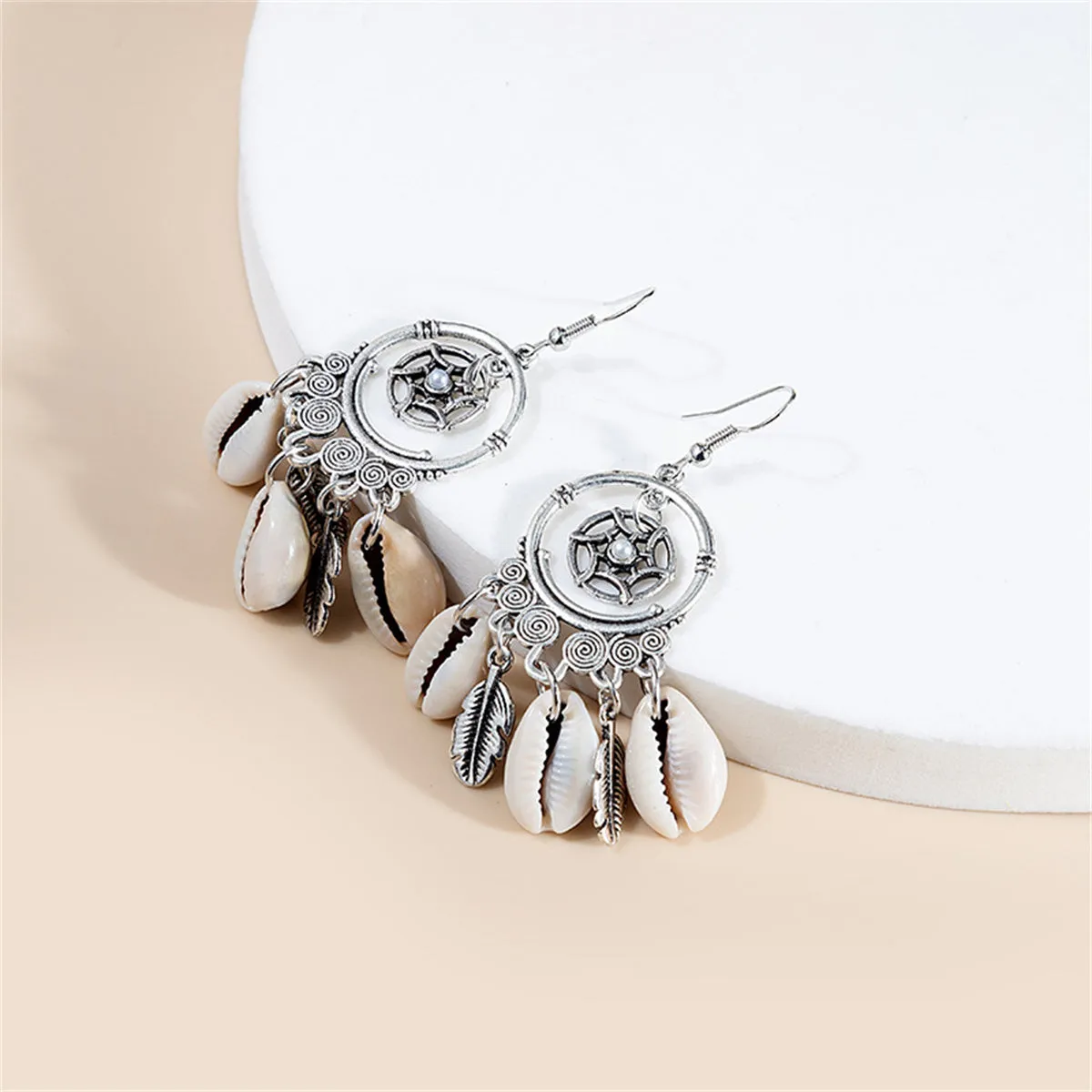 Pearl & Conch Shell Silver-Plated Circle Leaf Drop Earrings