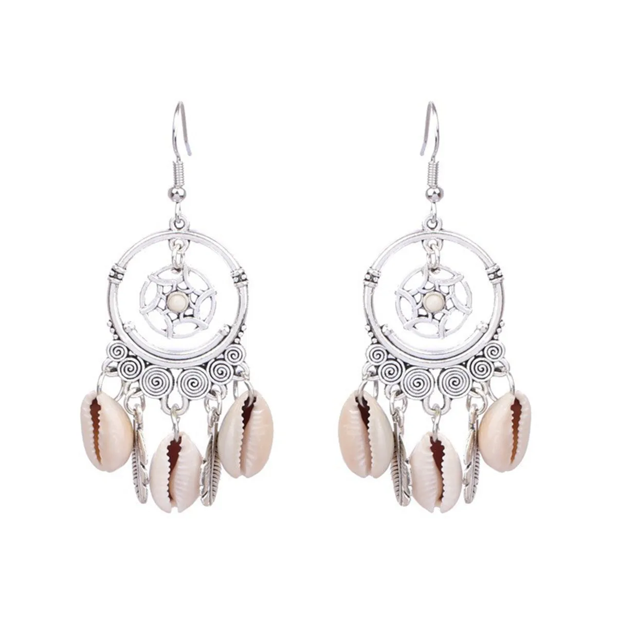 Pearl & Conch Shell Silver-Plated Circle Leaf Drop Earrings