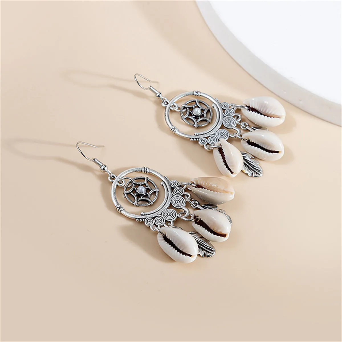 Pearl & Conch Shell Silver-Plated Circle Leaf Drop Earrings