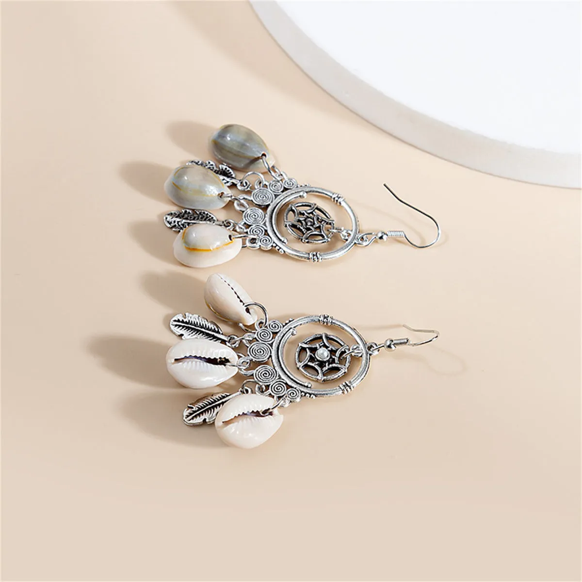 Pearl & Conch Shell Silver-Plated Circle Leaf Drop Earrings