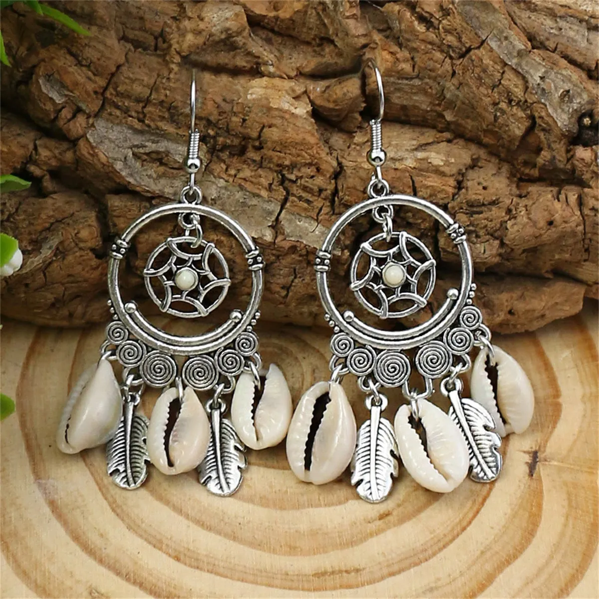 Pearl & Conch Shell Silver-Plated Circle Leaf Drop Earrings