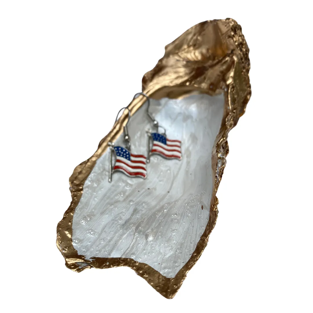 Pearl & Gold Oyster Shell Art | Plus USA Flag earrings
