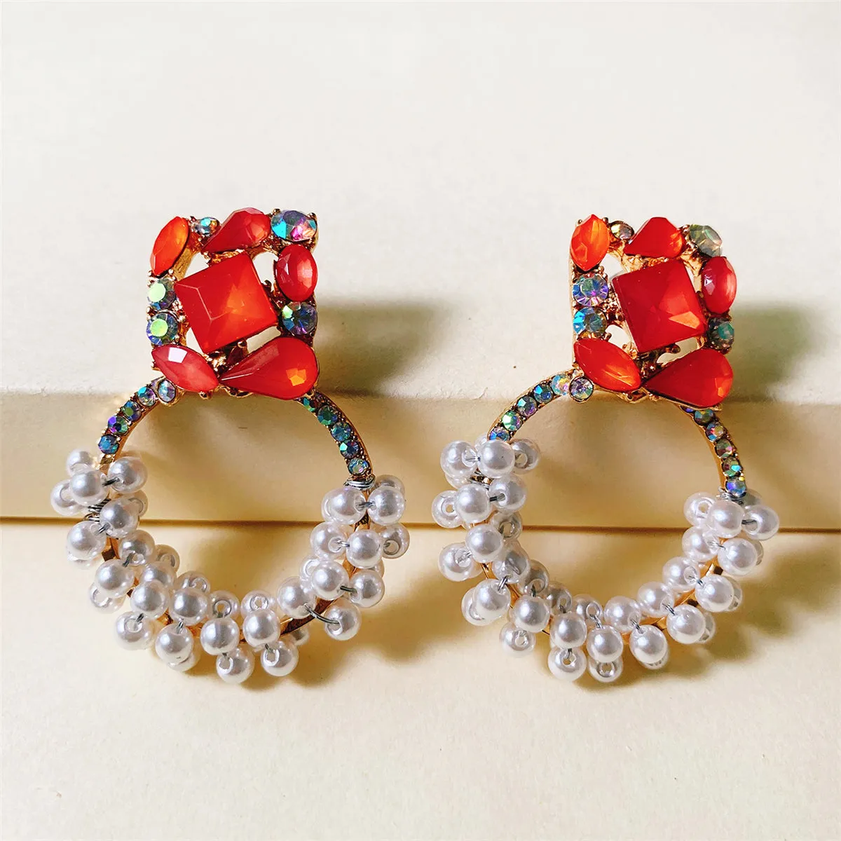 Pearl & Red Crystal 18K Gold-Plated Drop Earrings