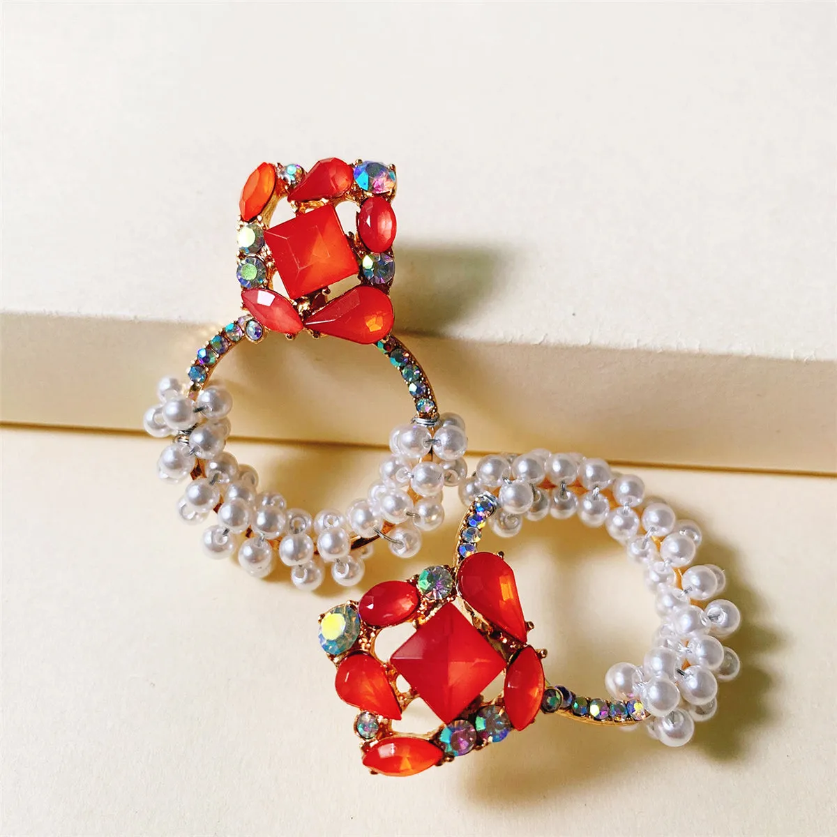 Pearl & Red Crystal 18K Gold-Plated Drop Earrings
