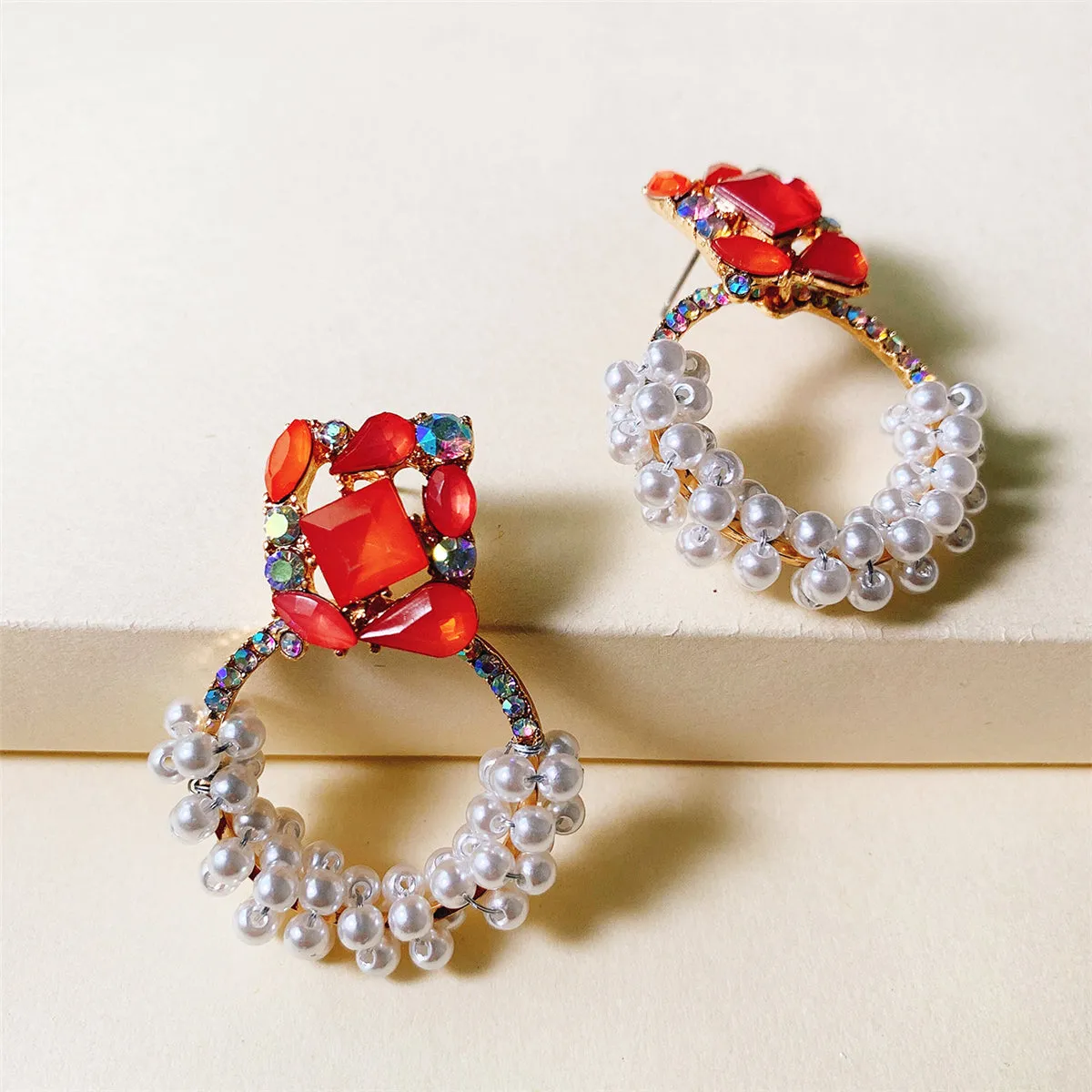 Pearl & Red Crystal 18K Gold-Plated Drop Earrings