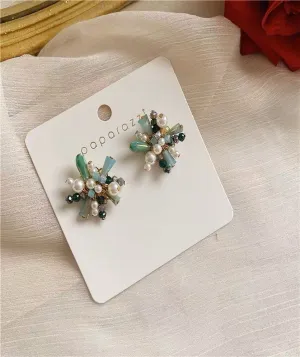 Pearl Earrings Vintage Crystal Faceted Beads Flower Stud