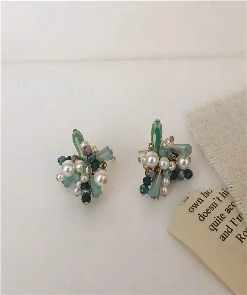 Pearl Earrings Vintage Crystal Faceted Beads Flower Stud