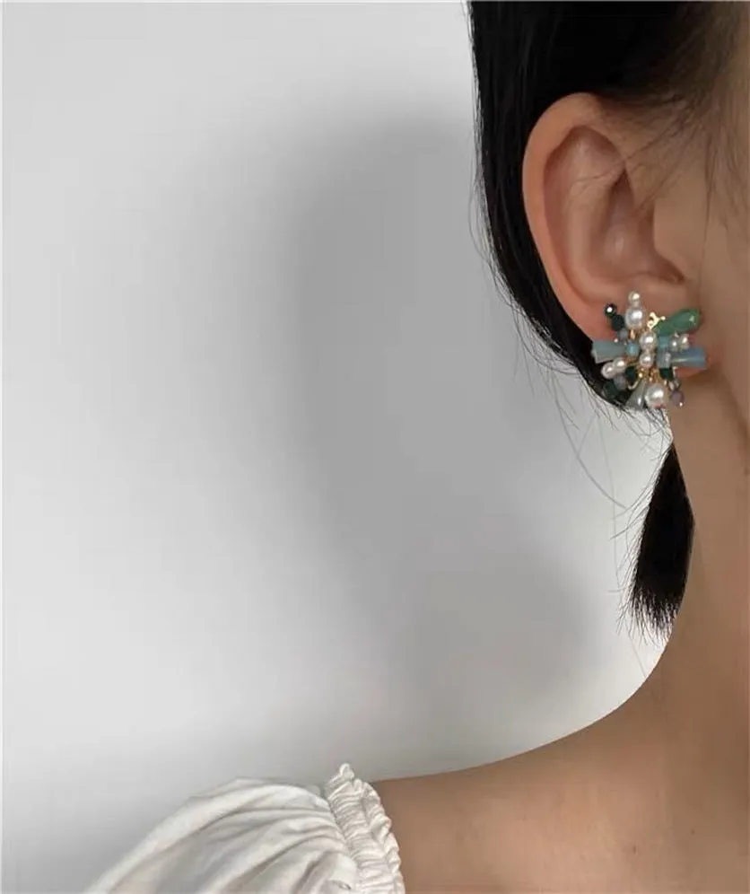 Pearl Earrings Vintage Crystal Faceted Beads Flower Stud