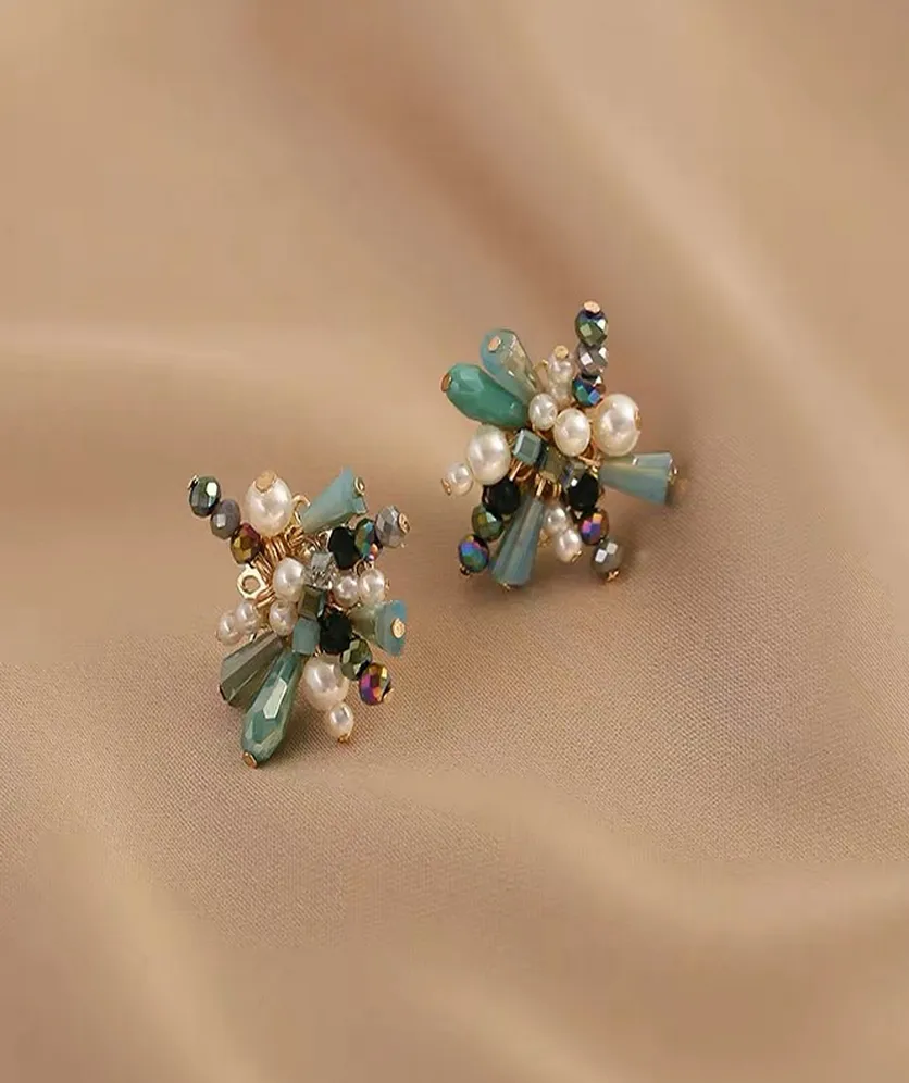 Pearl Earrings Vintage Crystal Faceted Beads Flower Stud