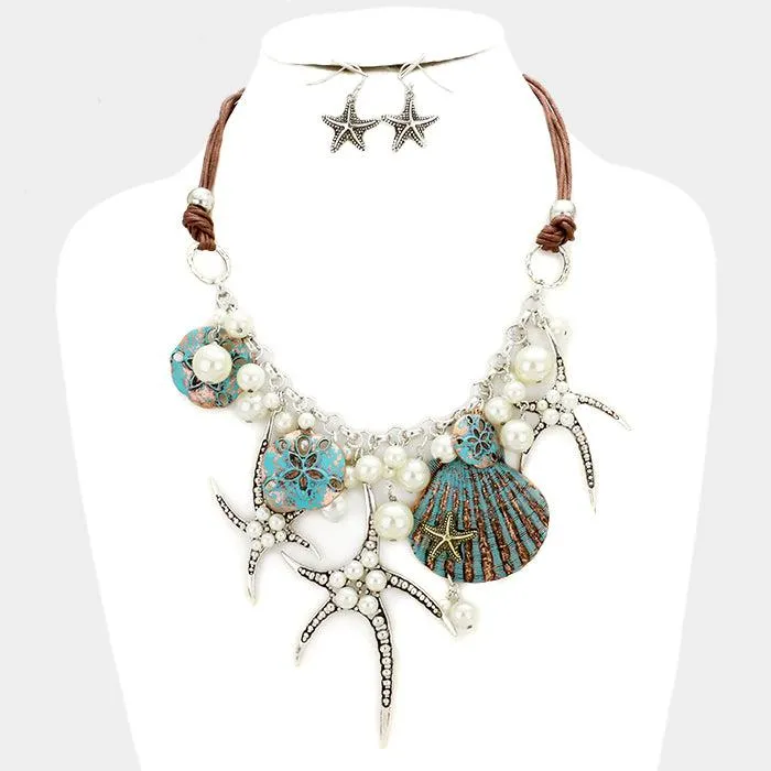 Pearl Starfish Shell Patina Verdigris Necklace Set
