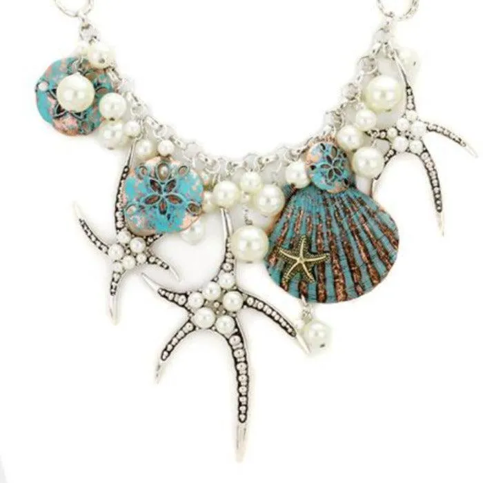 Pearl Starfish Shell Patina Verdigris Necklace Set