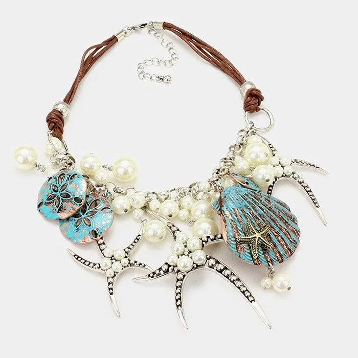 Pearl Starfish Shell Patina Verdigris Necklace Set